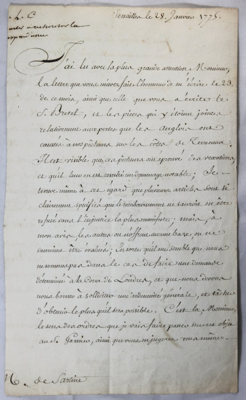 1775 lettre de Vergennes à Sartine sur perte pêcheurs à Terre-Neuve (Anglais!)
