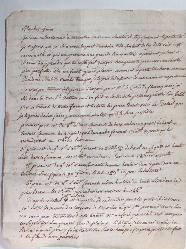 1776 Paris lettre achat tapisserie rue St. Antoine, curé d'Amboise