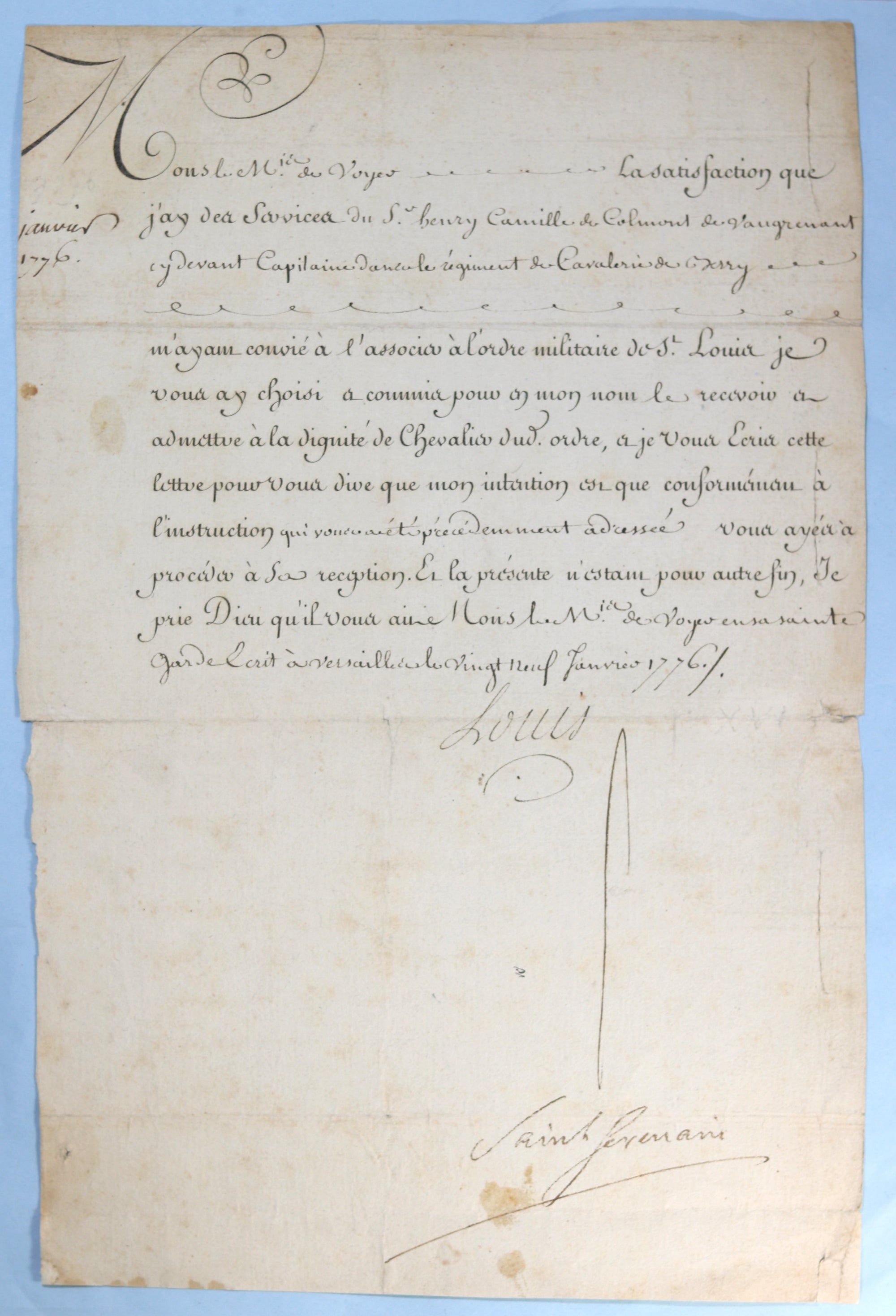 1776 Ordre Militaire de St. Louis pour capitaine, signé Louis et Saint-Germain
