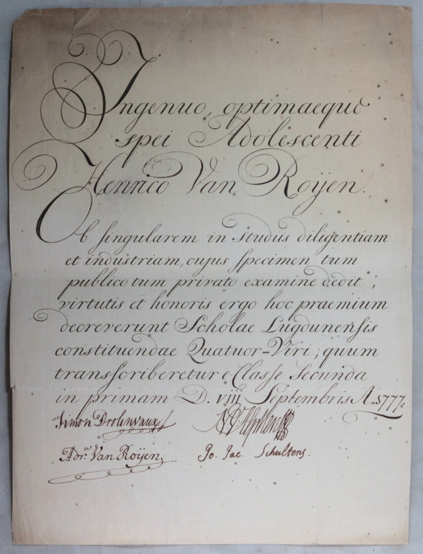 1777 Leiden Holland, letter of commendation student at Latin School  