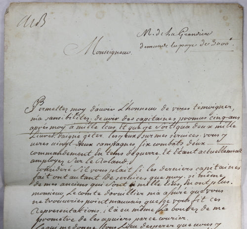 1777 capitaine de vaisseau De La Grandiere, augmentation de salaire
