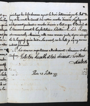 1777 lettre de Lambert, contrôleur général des finances sous Louis XVI