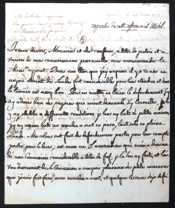 1777 lettre de Lambert, contrôleur général des finances sous Louis XVI