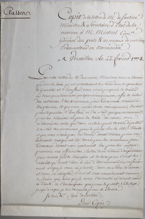 1778 lettre Ministre Sartine traite des Noirs, pêche, Terre Neuve...