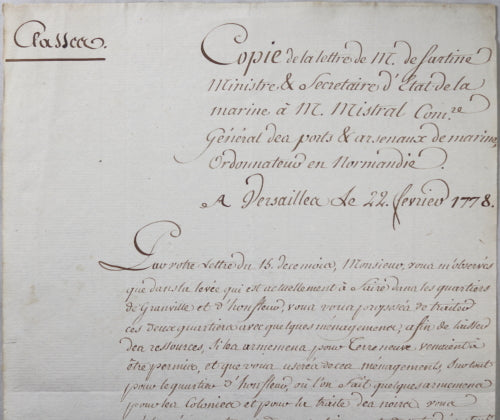 1778 lettre Ministre Sartine traite des Noirs, pêche, Terre Neuve...
