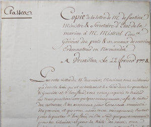 1778 lettre Ministre Sartine traite des Noirs, pêche, Terre Neuve...