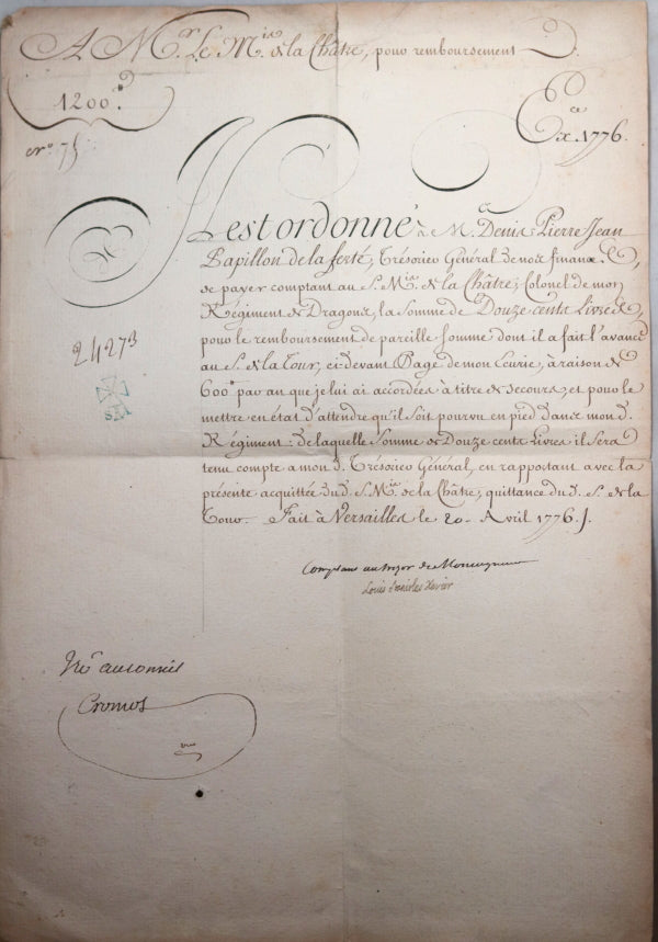 1779 Louis Stanislas Xavier (Louis XVIII) remboursement Régt. Dragons