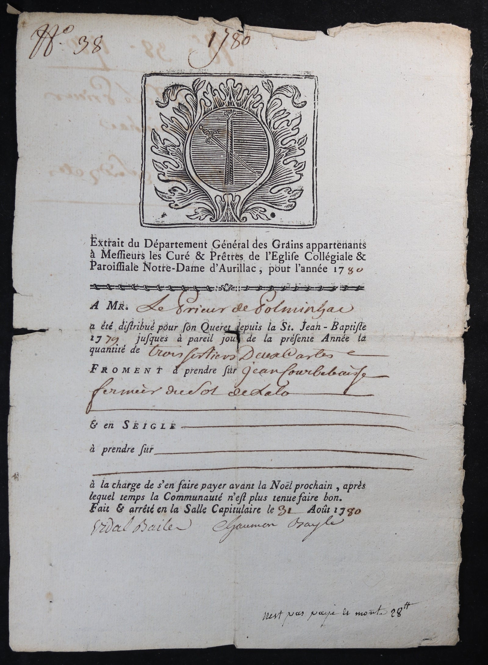 1780/84 distribution froment Prieur Polminhac (Cantal)
