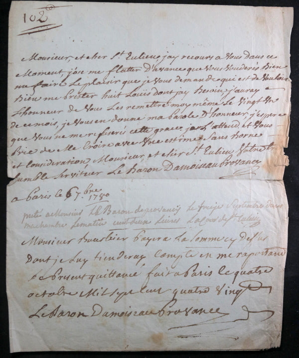 1780 lettre du Baron Damoiseau au Baron de Saint-Eulien Versailles