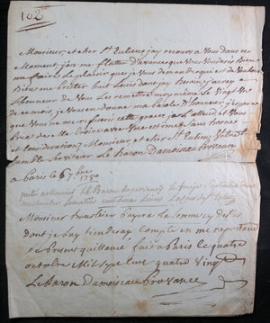 1780 lettre du Baron Damoiseau au Baron de Saint-Eulien Versailles