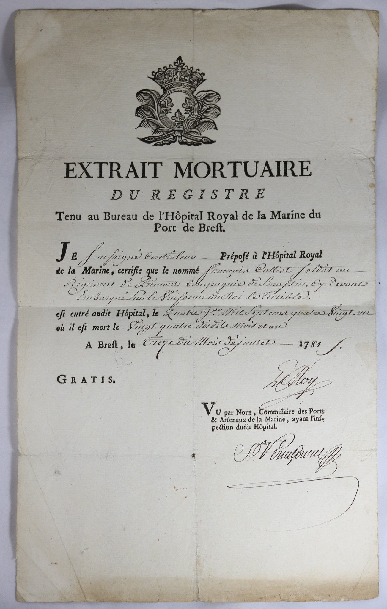 1781 Extrait Mortuaire pour soldat - Hôpital de la Marine à Brest