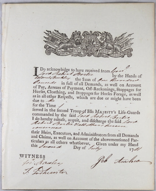 1781 payment for expenses, 2nd Troop of Life Guards cavalry (UK)