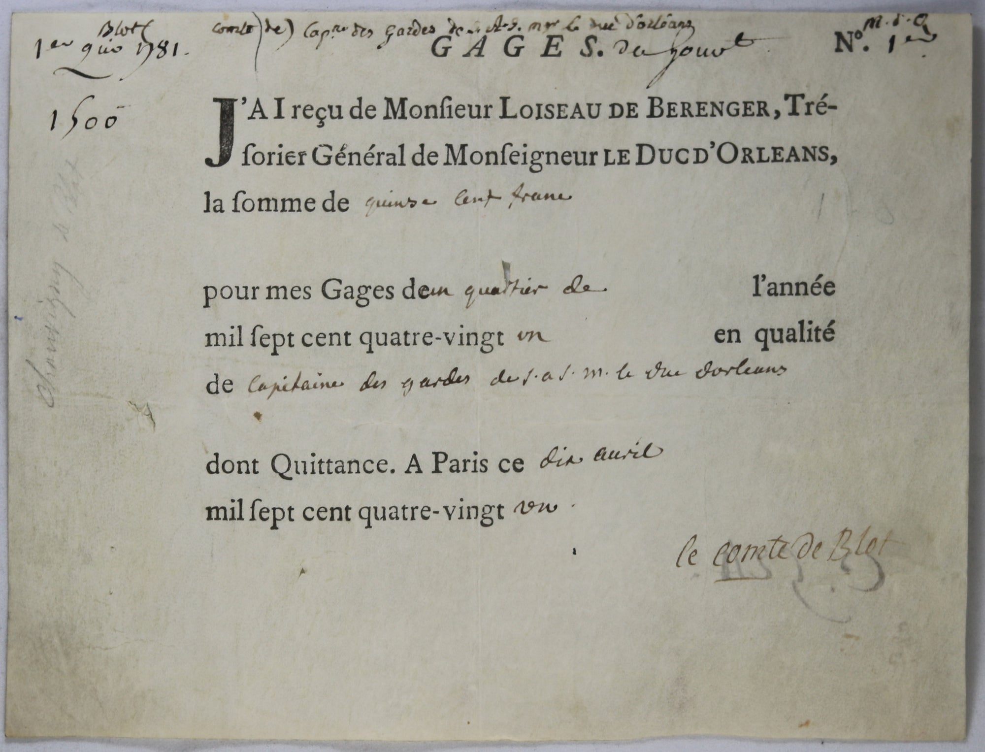 1781 quittances pour gages, capitaine des gardes Duc d'Orléans