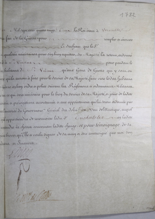 1782 Lieutenant à l'Ile de St. Vincent signé Louis & Maréchal Castries