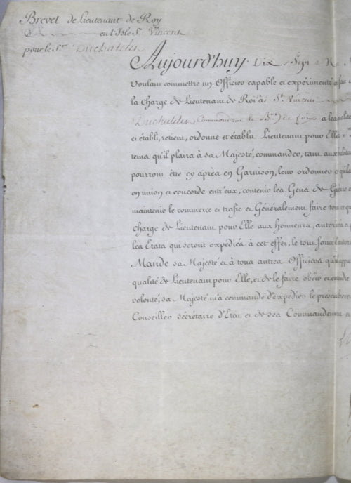 1782 Lieutenant à l'Ile de St. Vincent signé Louis & Maréchal Castries
