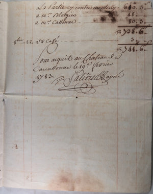 1782 facture pour Pelletier, major commandant citadelle de Carcassonne
