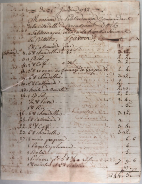 1782 facture pour Pelletier, major commandant citadelle de Carcassonne