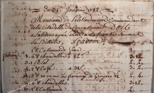 1782 facture pour Pelletier, major commandant citadelle de Carcassonne