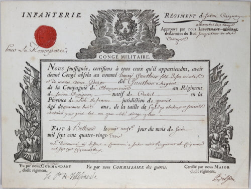 1783 France, congé absolu pour sergent, Régiment Savoie Carignan