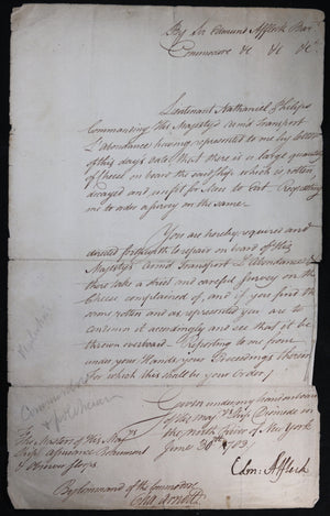 1783 NYC Cmd. Affleck provisioning ship for Loyalists to Canada (War of Ind.)