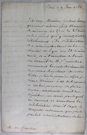 1784 Paris lettre contrôleur général De Calonne à De Flesselles (Lyon)