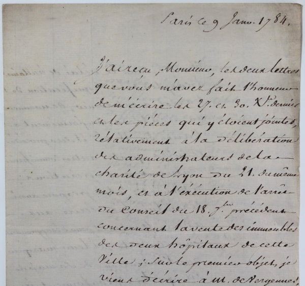1784 Paris lettre contrôleur général De Calonne à De Flesselles (Lyon)
