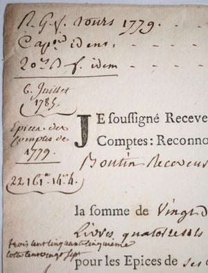 1785 Paris Boutin Trésorier Marine quittance Epice Chambre des Comptes