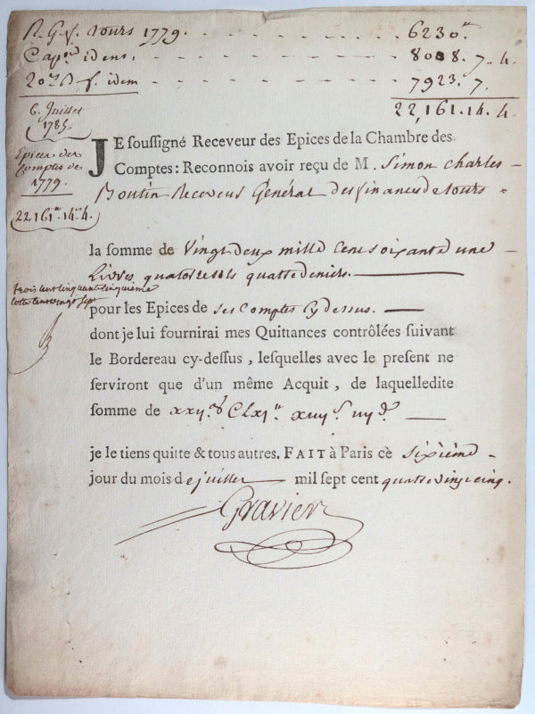 1785 Paris Boutin Trésorier Marine quittance Epice Chambre des Comptes