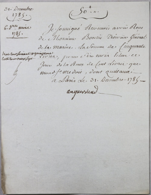 1785 Boutin Trésorier Général Marine, deux quittances pour rentes viagères