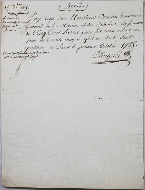 1785 Boutin Trésorier Général Marine, deux quittances pour rentes viagères