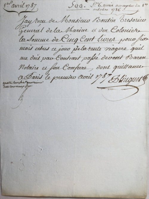 1786-7 Boutin Trésorier Général Marine, quittances rentes viagères