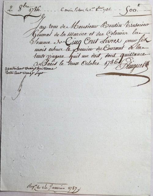 1786-7 Boutin Trésorier Général Marine, quittances rentes viagères