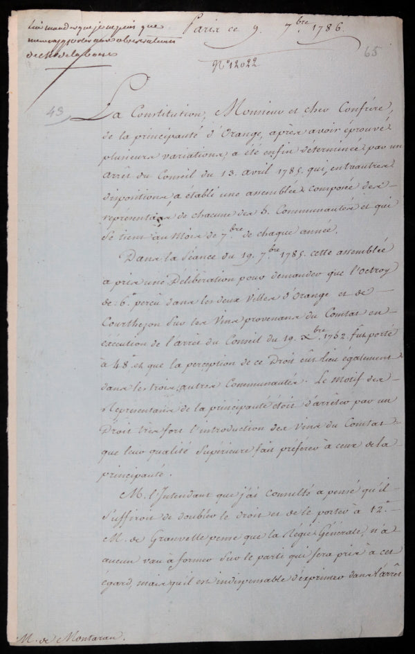 1786 Paris lettre Comte de Vergennes, Conseiller d’État Louis XVI