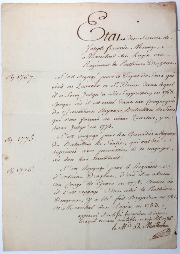 1786 Paris lettre Marquis de Montholon, Penthièvre Maréchal de Logis