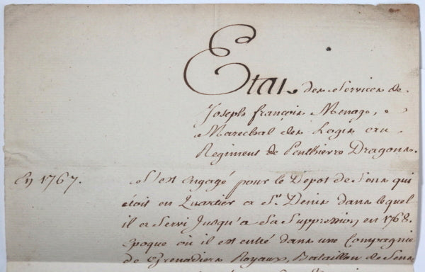 1786 Paris lettre Marquis de Montholon, Penthièvre Maréchal de Logis