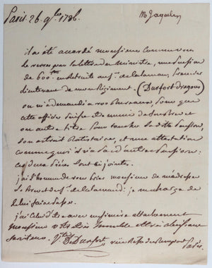 1786 Paris lettre Vicomte Durfort, pension lieutenant Durfort-Dragons