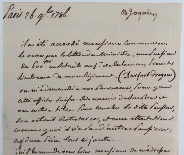 1786 Paris lettre Vicomte Durfort, pension lieutenant Durfort-Dragons