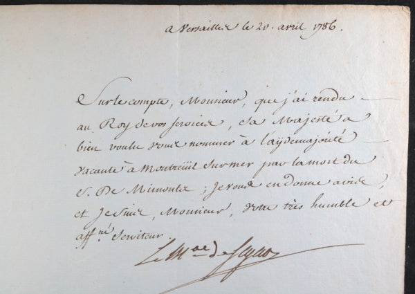 1786 Versailles, lettre de nomination militaire par le Maréchal de Ségur