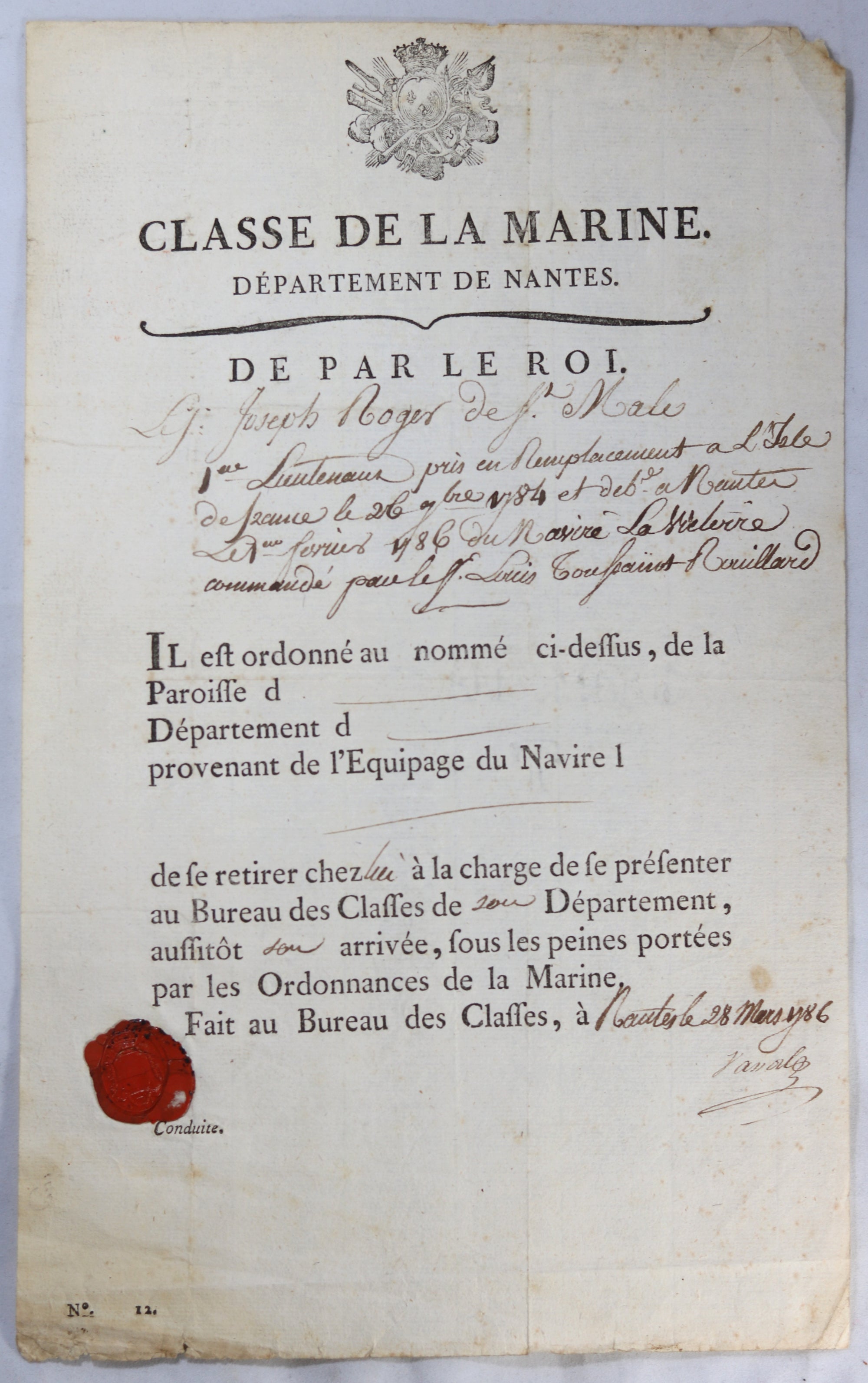 1786 marine demobilisation, 1er lieutenant Navire ‘La Victorie’ Nantes
