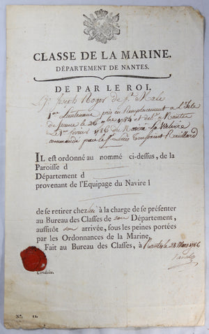 1786 marine demobilisation, 1er lieutenant Navire ‘La Victorie’ Nantes