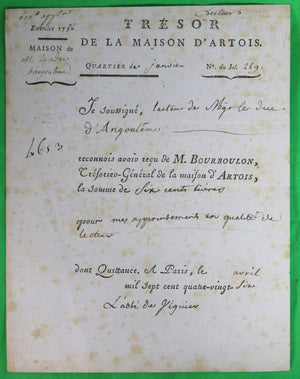 1786 quittance de l’abbe de Viguier, lecteur de M. le Duc d’Angouleme