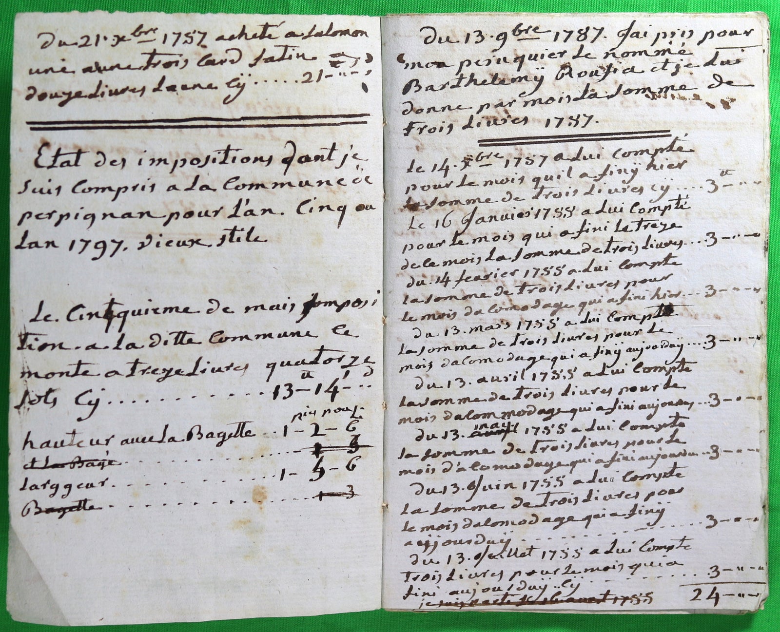 1787 Perpignan - livre de dépense manuscrit (Perruquier, Cordonnier et Blanchisserie)