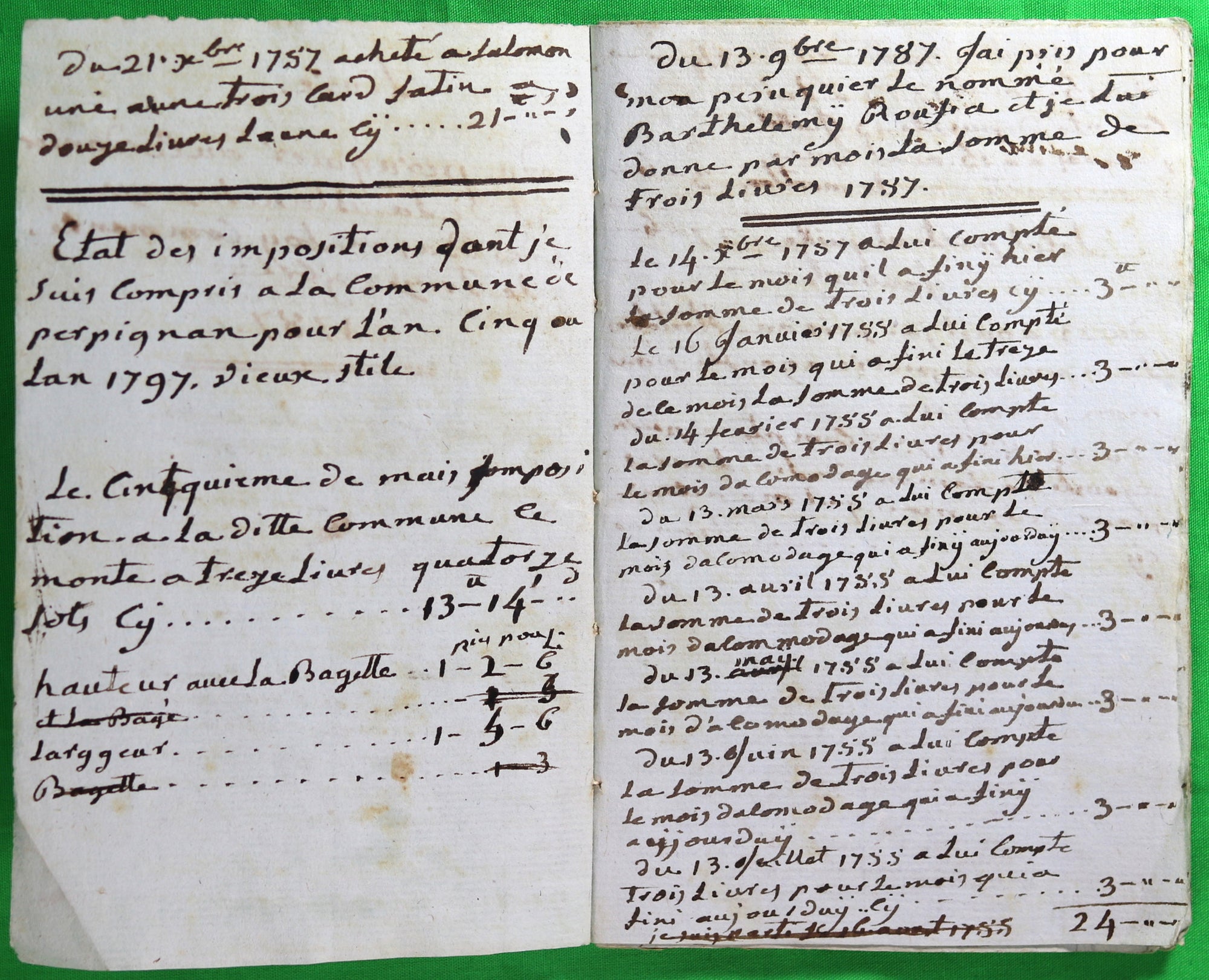 1787 Perpignan - livre de dépense manuscrit (Perruquier, Cordonnier et Blanchisserie)