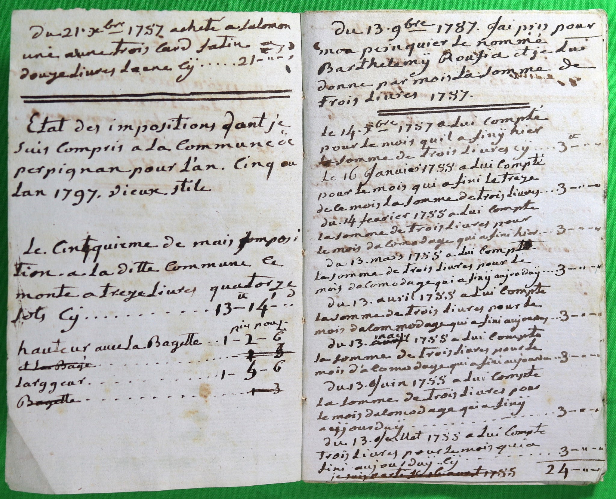 1787 Perpignan - livre de dépense manuscrit (Perruquier, Cordonnier et Blanchisserie) 1787 Perpignan - livre de dépense manuscrit (Perruquier, Cordonnier et Blanchisserie)