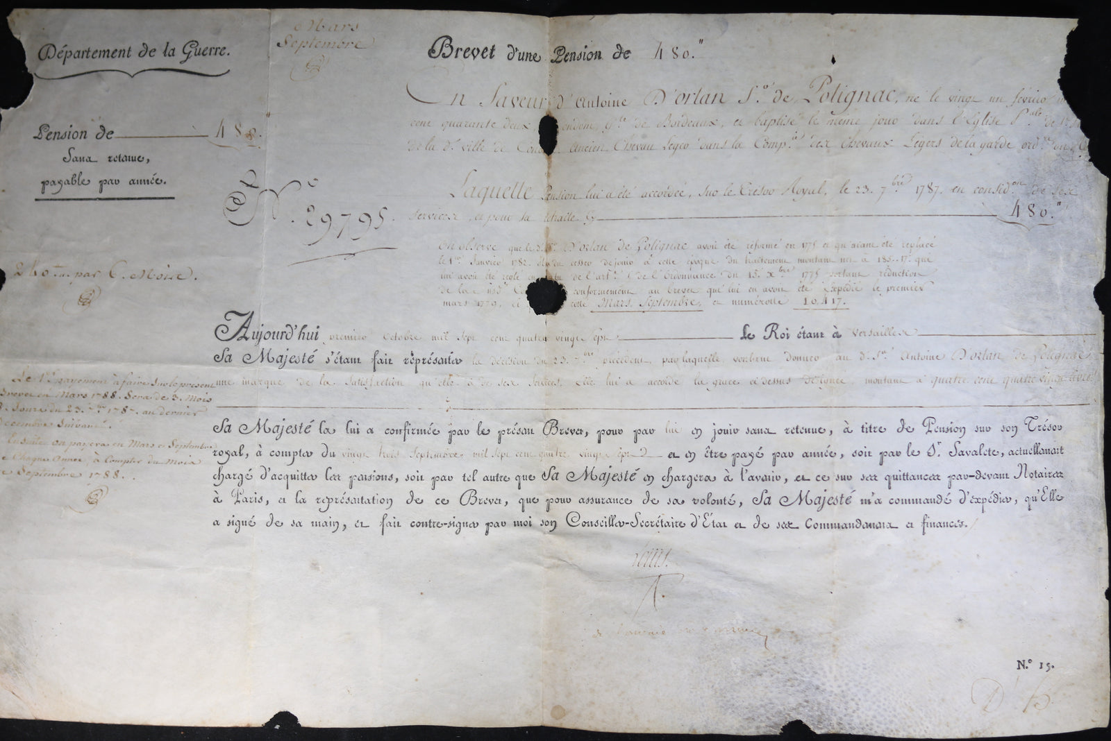 1787 pension pour Antoine d'Orlan de Polignac, signé Louis et Brienne