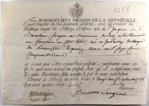 1788 Nancy, certificat de vie pour sergent dans Régiment du Roi