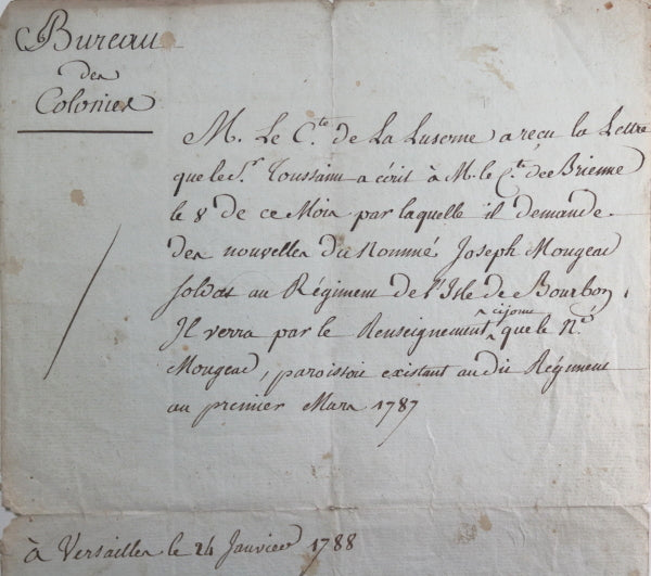 1788/91 2 documents sur nouvelles d'un soldat Régiment Isle de Bourbon