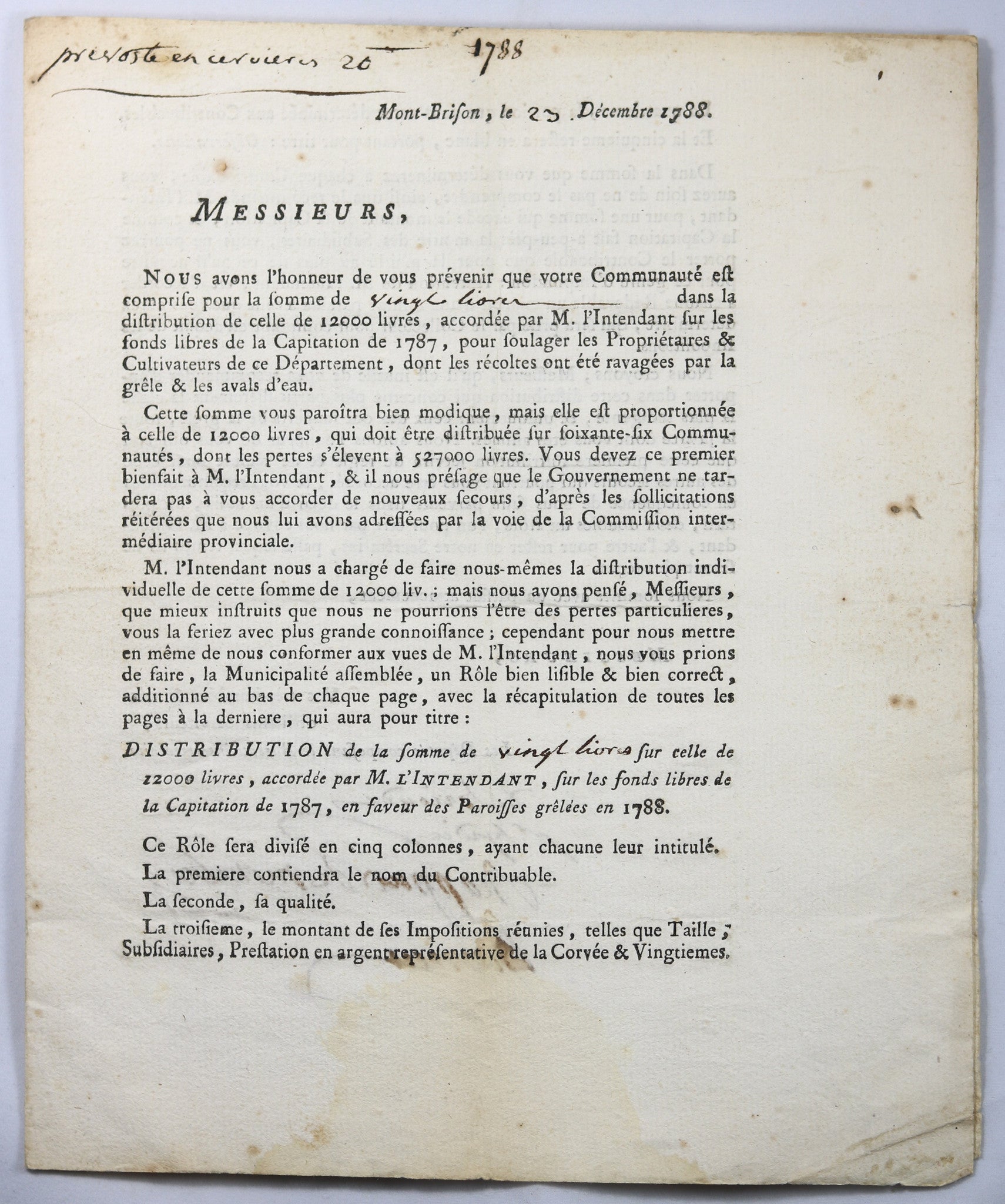 1788 Montbrison – distribution de fonds pour commune ravagée par la grêle