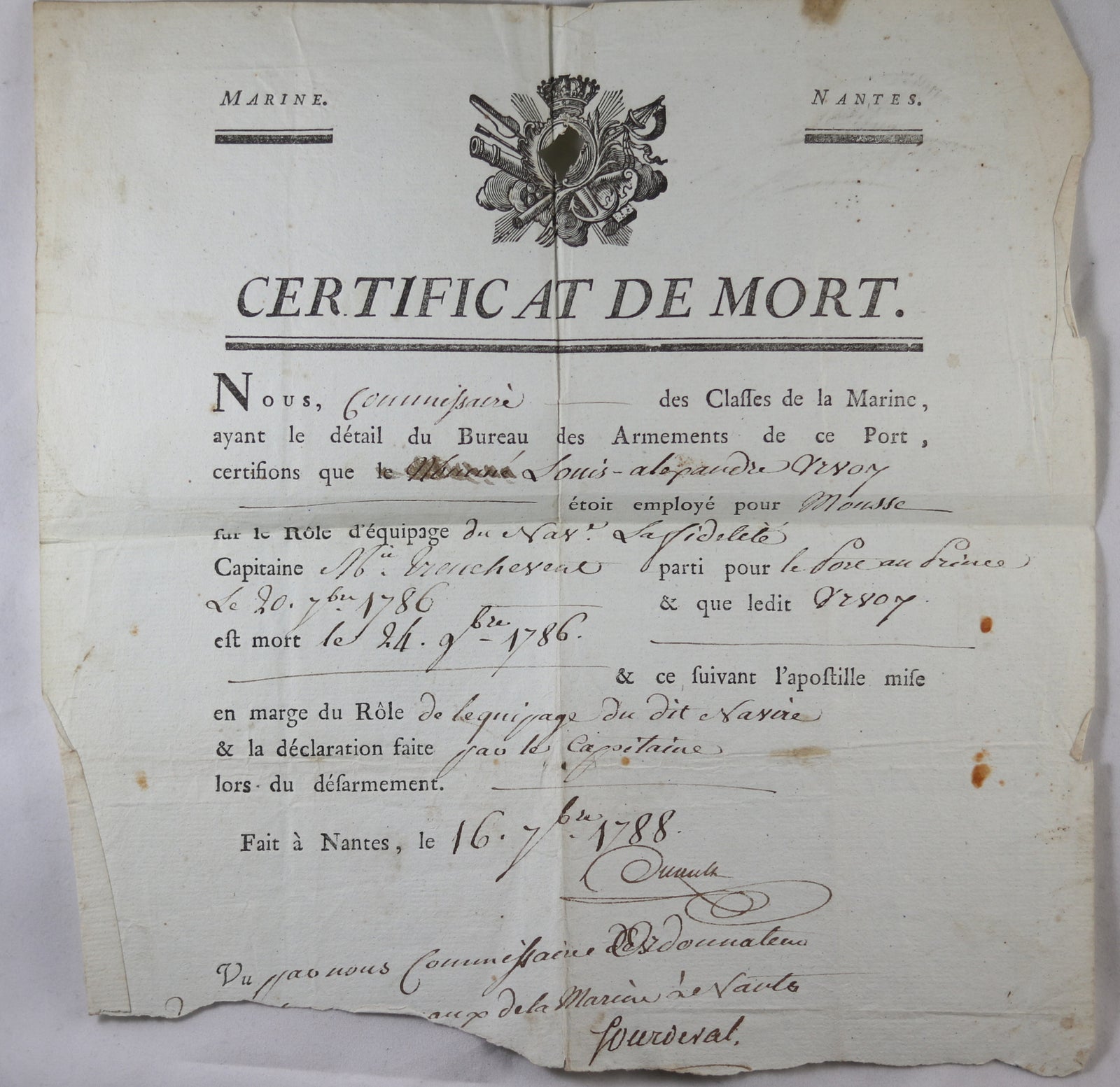 1788 certificat de mort d’un Marin à Port au Prince, St. Domingue