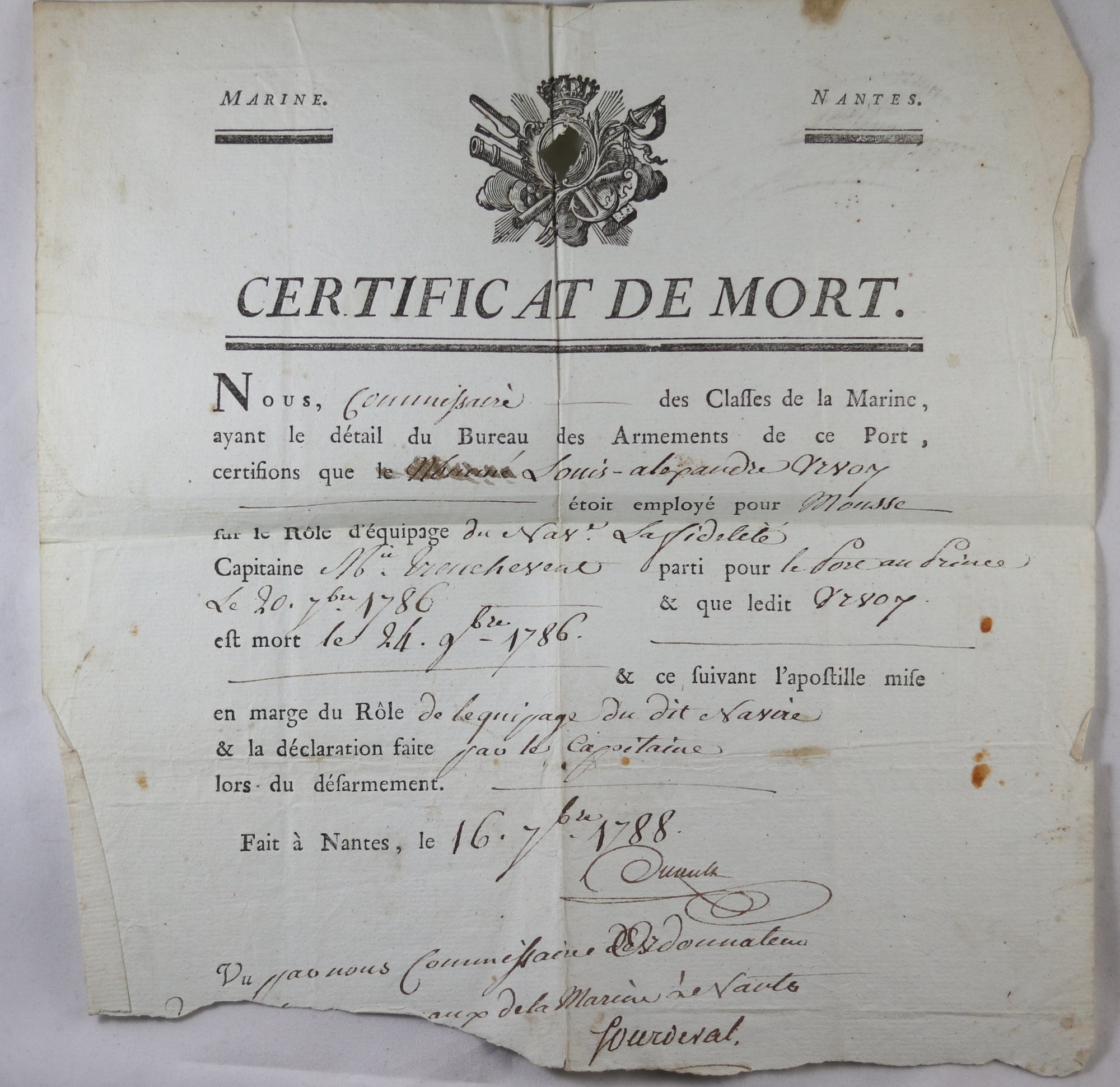 1788 certificat de mort d’un Marin à Port au Prince, St. Domingue